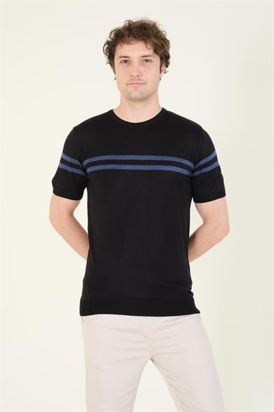 Erkek Sıfır Yaka Çizgili Merserize T-Shirt Siyah