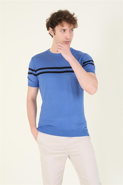 Erkek Sıfır Yaka Çizgili Merserize T-Shirt İndigo
