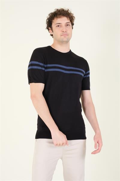 Erkek Sıfır Yaka Çizgili Merserize T-Shirt Siyah