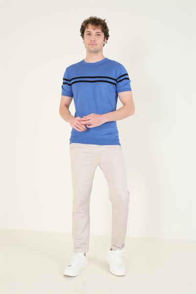 Erkek Sıfır Yaka Çizgili Merserize T-Shirt İndigo