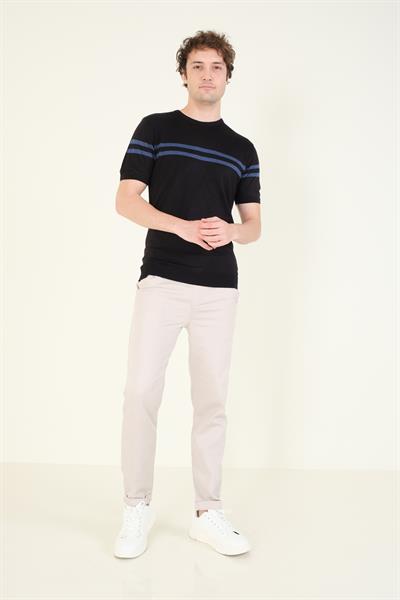 Erkek Sıfır Yaka Çizgili Merserize T-Shirt Siyah