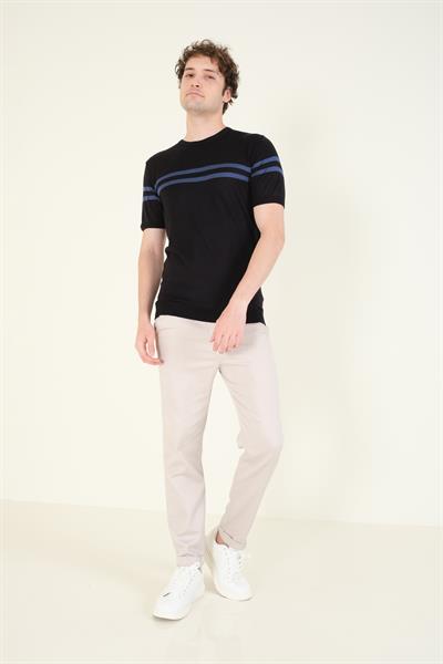 Erkek Sıfır Yaka Çizgili Merserize T-Shirt Siyah