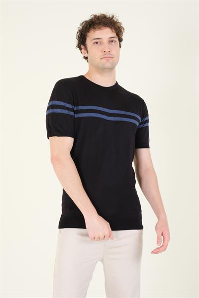 Erkek Sıfır Yaka Çizgili Merserize T-Shirt Siyah