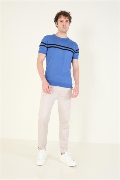 Erkek Sıfır Yaka Çizgili Merserize T-Shirt İndigo