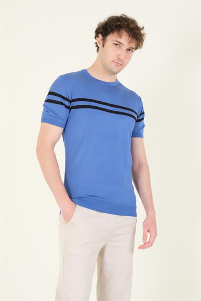 Erkek Sıfır Yaka Çizgili Merserize T-Shirt İndigo