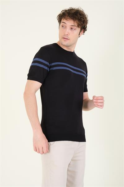Erkek Sıfır Yaka Çizgili Merserize T-Shirt Siyah