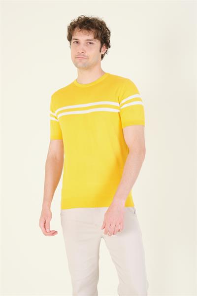 Erkek Sıfır Yaka Çizgili Merserize T-Shirt Sarı