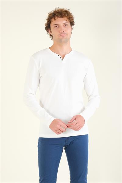 Erkek Sıfır Yaka Düğmeli Uzun Kol Sweatshirt Ekru