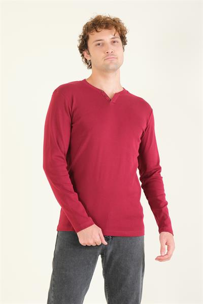 Erkek Sıfır Yaka Düğmeli Uzun Kol Sweatshirt Bordo