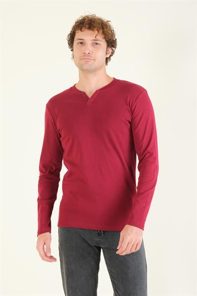 Erkek Sıfır Yaka Düğmeli Uzun Kol Sweatshirt Bordo
