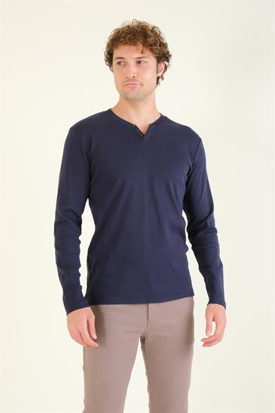 Erkek Sıfır Yaka Düğmeli Uzun Kol Sweatshirt Lacivert