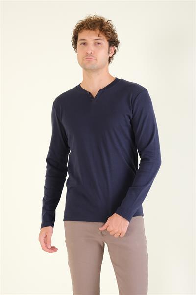 Erkek Sıfır Yaka Düğmeli Uzun Kol Sweatshirt Lacivert