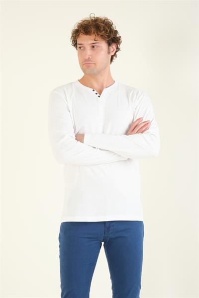 Erkek Sıfır Yaka Düğmeli Uzun Kol Sweatshirt Ekru