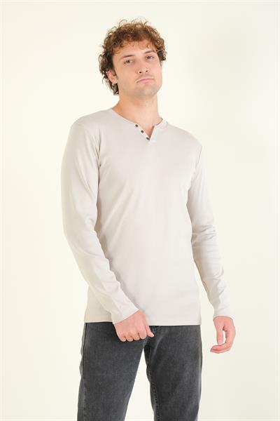 Erkek Sıfır Yaka Düğmeli Uzun Kol Sweatshirt Taş