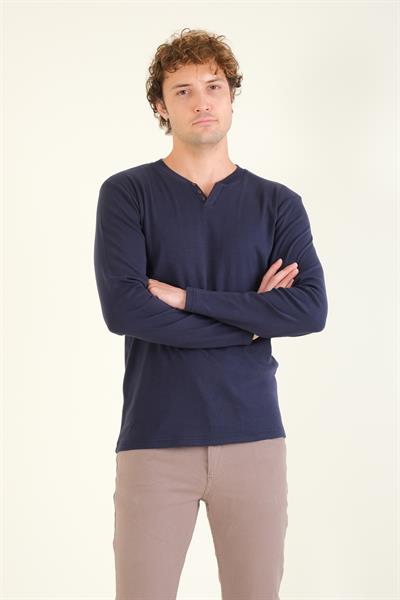 Erkek Sıfır Yaka Düğmeli Uzun Kol Sweatshirt Lacivert