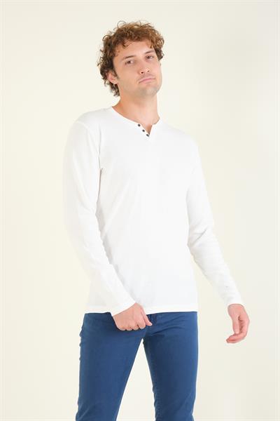 Erkek Sıfır Yaka Düğmeli Uzun Kol Sweatshirt Ekru