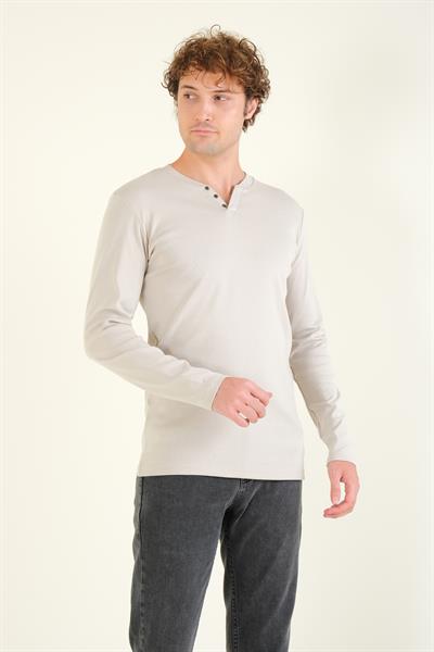 Erkek Sıfır Yaka Düğmeli Uzun Kol Sweatshirt Taş