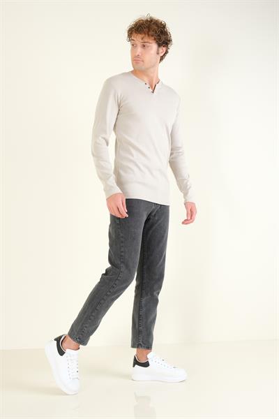 Erkek Sıfır Yaka Düğmeli Uzun Kol Sweatshirt Taş