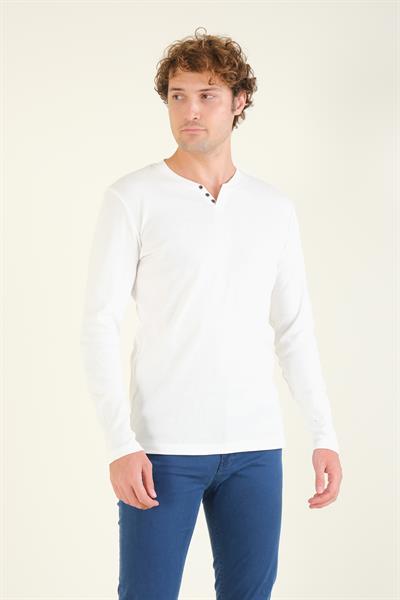 Erkek Sıfır Yaka Düğmeli Uzun Kol Sweatshirt Ekru