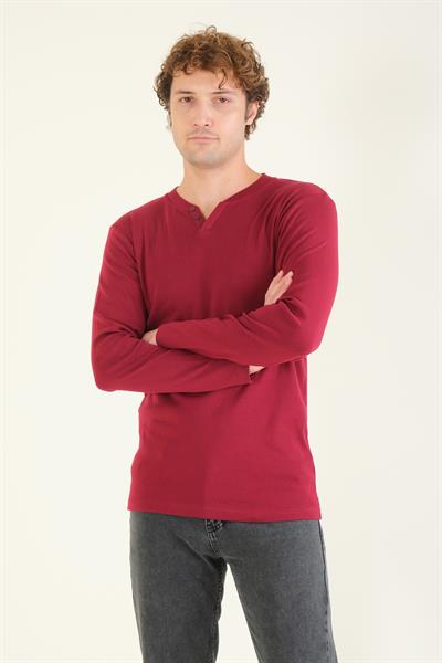 Erkek Sıfır Yaka Düğmeli Uzun Kol Sweatshirt Bordo