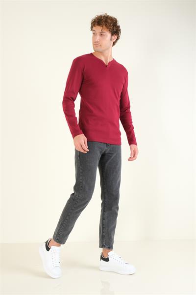 Erkek Sıfır Yaka Düğmeli Uzun Kol Sweatshirt Bordo
