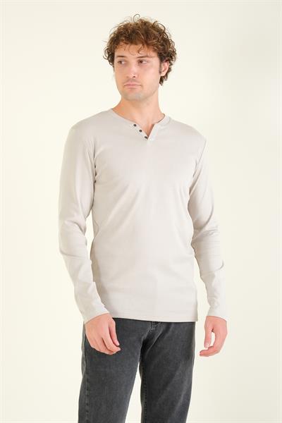 Erkek Sıfır Yaka Düğmeli Uzun Kol Sweatshirt Taş