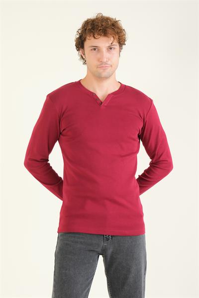 Erkek Sıfır Yaka Düğmeli Uzun Kol Sweatshirt Bordo