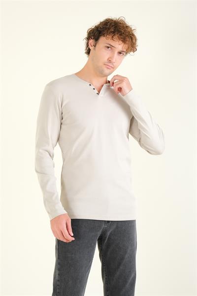 Erkek Sıfır Yaka Düğmeli Uzun Kol Sweatshirt Taş