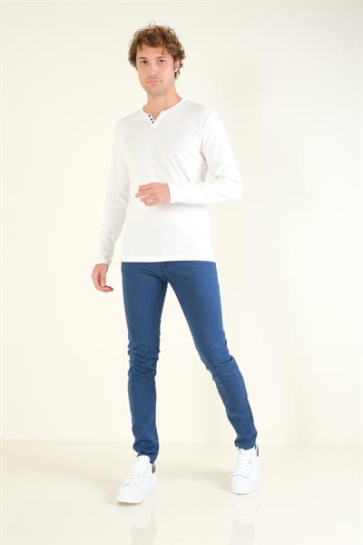 Erkek Sıfır Yaka Düğmeli Uzun Kol Sweatshirt Ekru