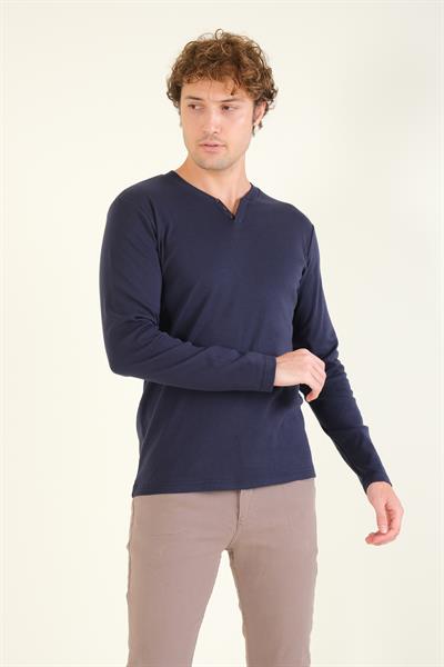 Erkek Sıfır Yaka Düğmeli Uzun Kol Sweatshirt Lacivert