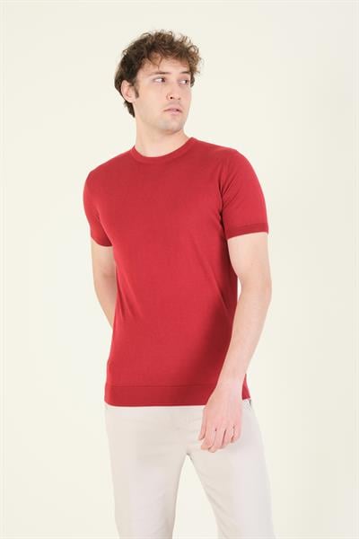 Erkek  Sıfır Yaka Merserize T-Shirt Bordo