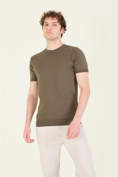 Erkek  Sıfır Yaka Merserize T-Shirt Haki