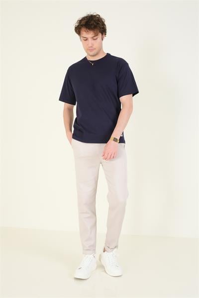 Erkek Sıfır Yaka Oversize Nakışlı T-Shirt Lacivert