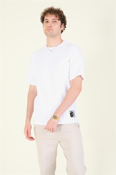 Erkek Sıfır Yaka Oversize Nakışlı T-Shirt Ekru