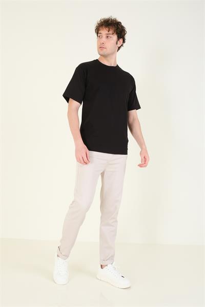Erkek Sıfır Yaka Oversize Nakışlı T-Shirt Siyah