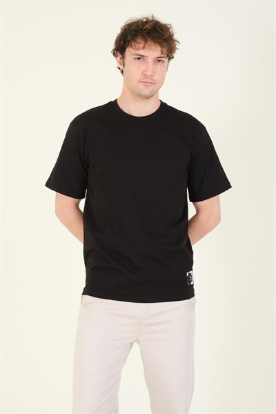 Erkek Sıfır Yaka Oversize Nakışlı T-Shirt Siyah