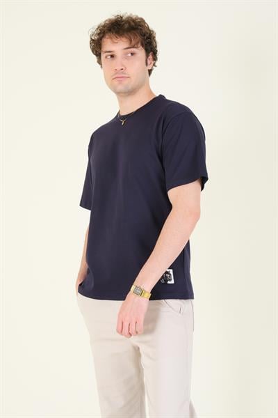 Erkek Sıfır Yaka Oversize Nakışlı T-Shirt Lacivert
