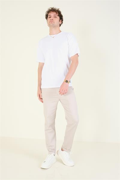 Erkek Sıfır Yaka Oversize Nakışlı T-Shirt Ekru