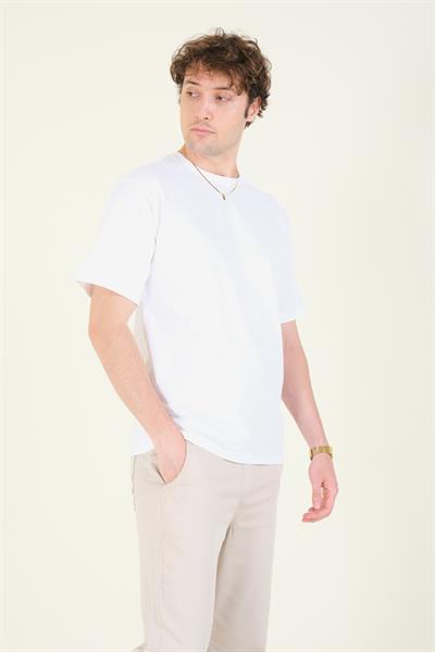 Erkek Sıfır Yaka Oversize Nakışlı T-Shirt Ekru