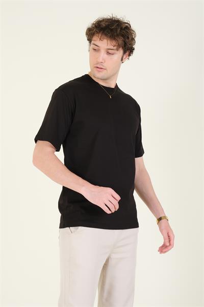 Erkek Sıfır Yaka Oversize T-Shirt Siyah