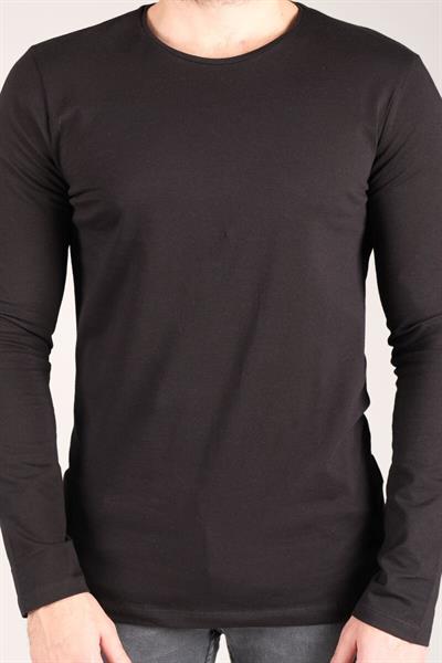 Erkek Sıfır Yaka Uzun Kol Basic T-Shirt Siyah
