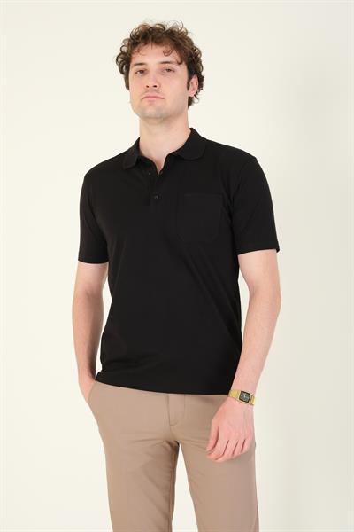 Erkek Süprem Kumaş Cepli Polo Yaka T-Shirt Siyah