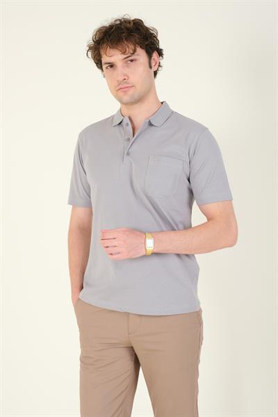 Erkek Süprem Kumaş Cepli Polo Yaka T-Shirt Gri