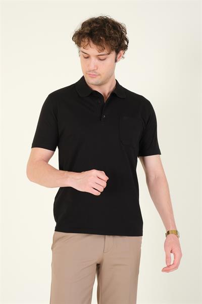 Erkek Süprem Kumaş Cepli Polo Yaka T-Shirt Siyah