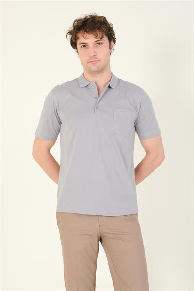 Erkek Süprem Kumaş Cepli Polo Yaka T-Shirt Gri