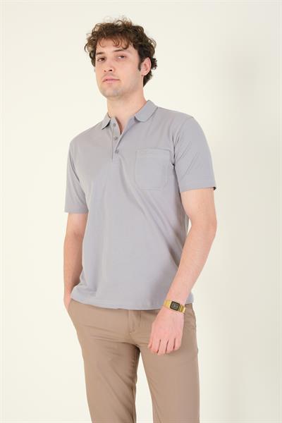 Erkek Süprem Kumaş Cepli Polo Yaka T-Shirt Gri