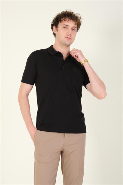 Erkek Süprem Kumaş Cepli Polo Yaka T-Shirt Siyah