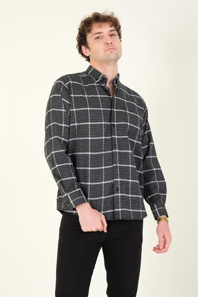 Erkek Tek Cep Ekose Desenli Kışlık Gömlek Siyah