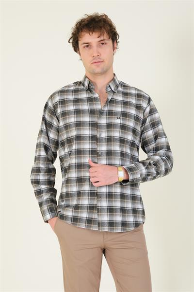 Erkek Tek Cep Ekose Desenli Kışlık Gömlek Haki