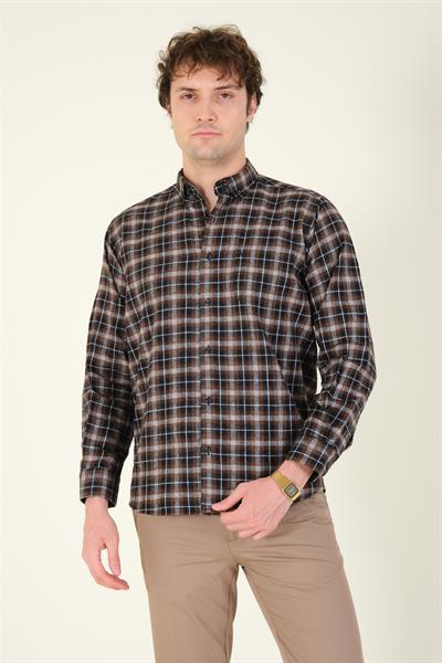 Erkek Tek Cep Ekose Desenli Kışlık Gömlek Taba